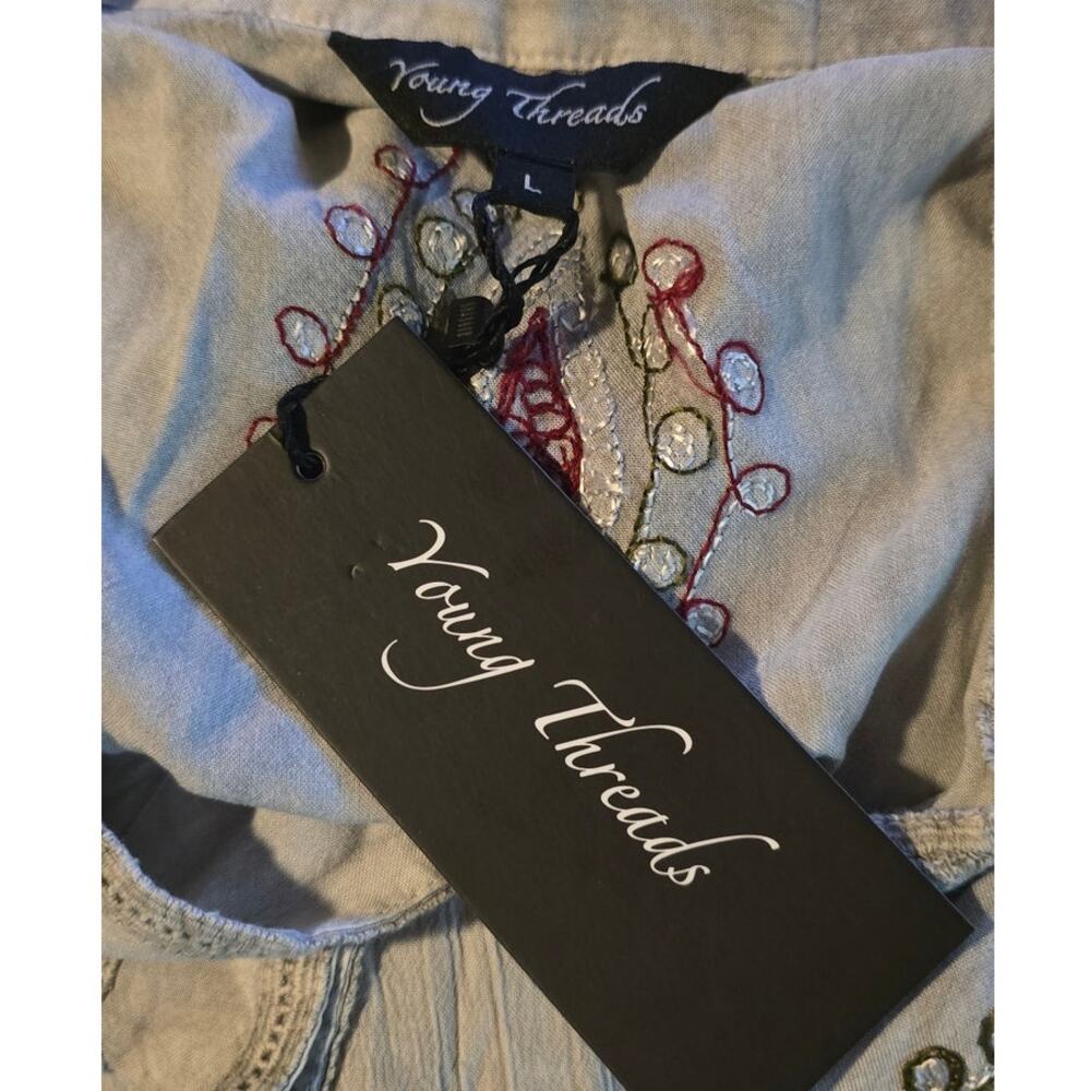 Young Threads Embroidered Maxi Dress Lace V-Neck Pockets L - Boho Cottagecore - Picture 9 of 9